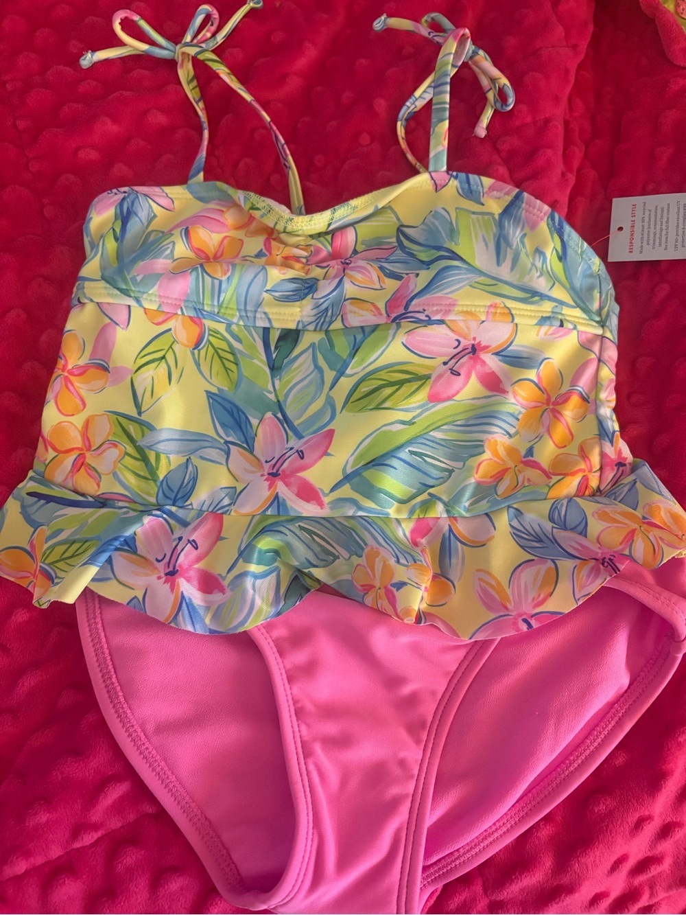 Girls' Floral Ruffle Tankini Swimsuit - Pink & Yellow 6/7